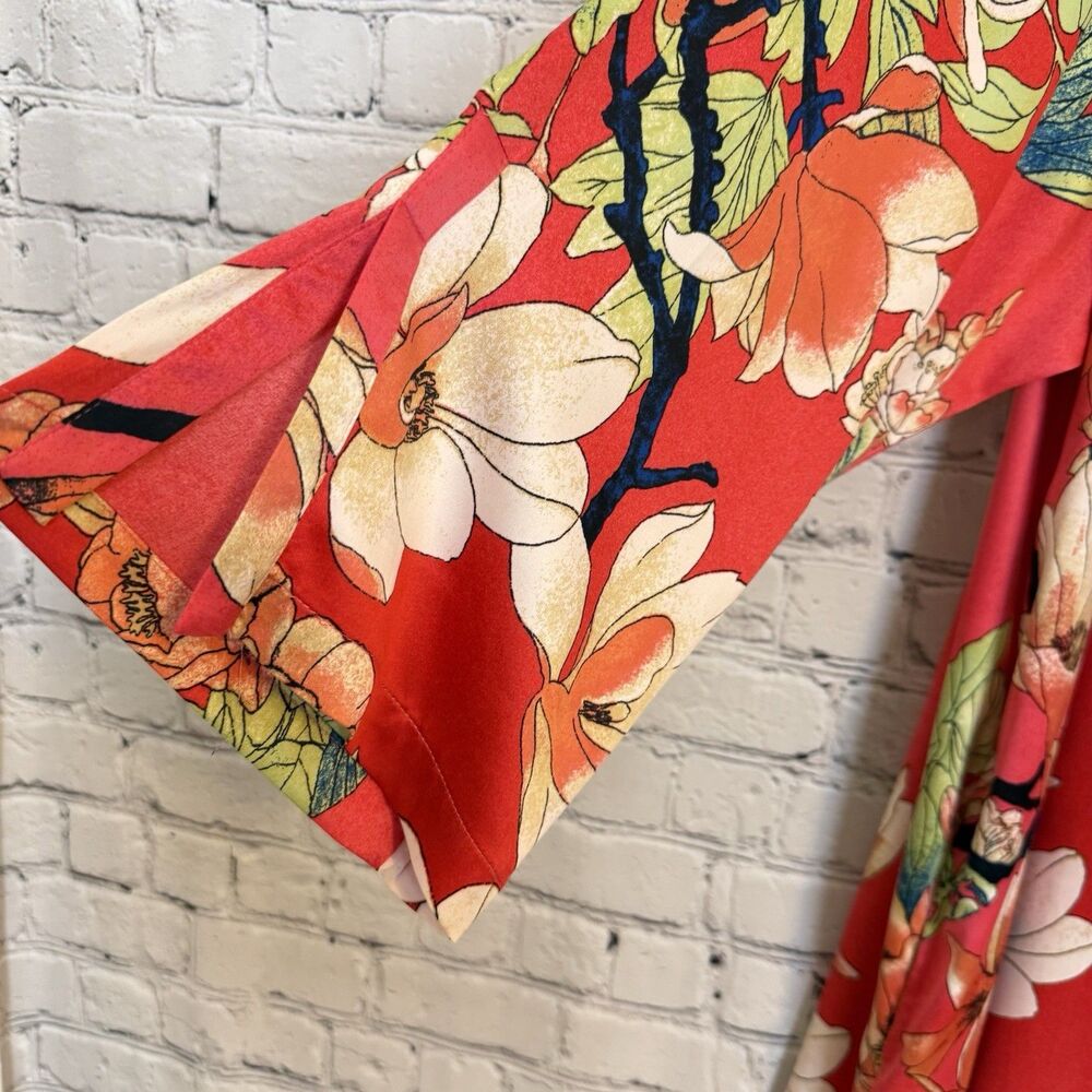 Natori Enchanted Lotus Satin Zip Caftan Women Plus 2X Boho Resort Art To Wear - Picture 9 of 16